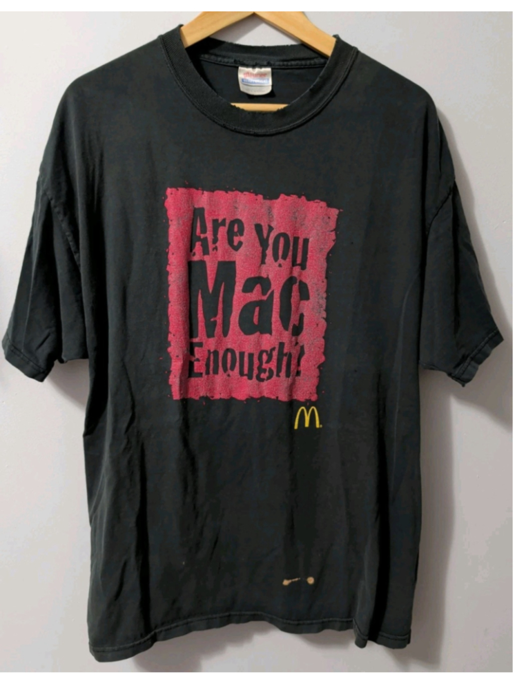 Vintage McDonald's T-Shirt Are You Mac Enough Black Distressed Bleach Stain XL